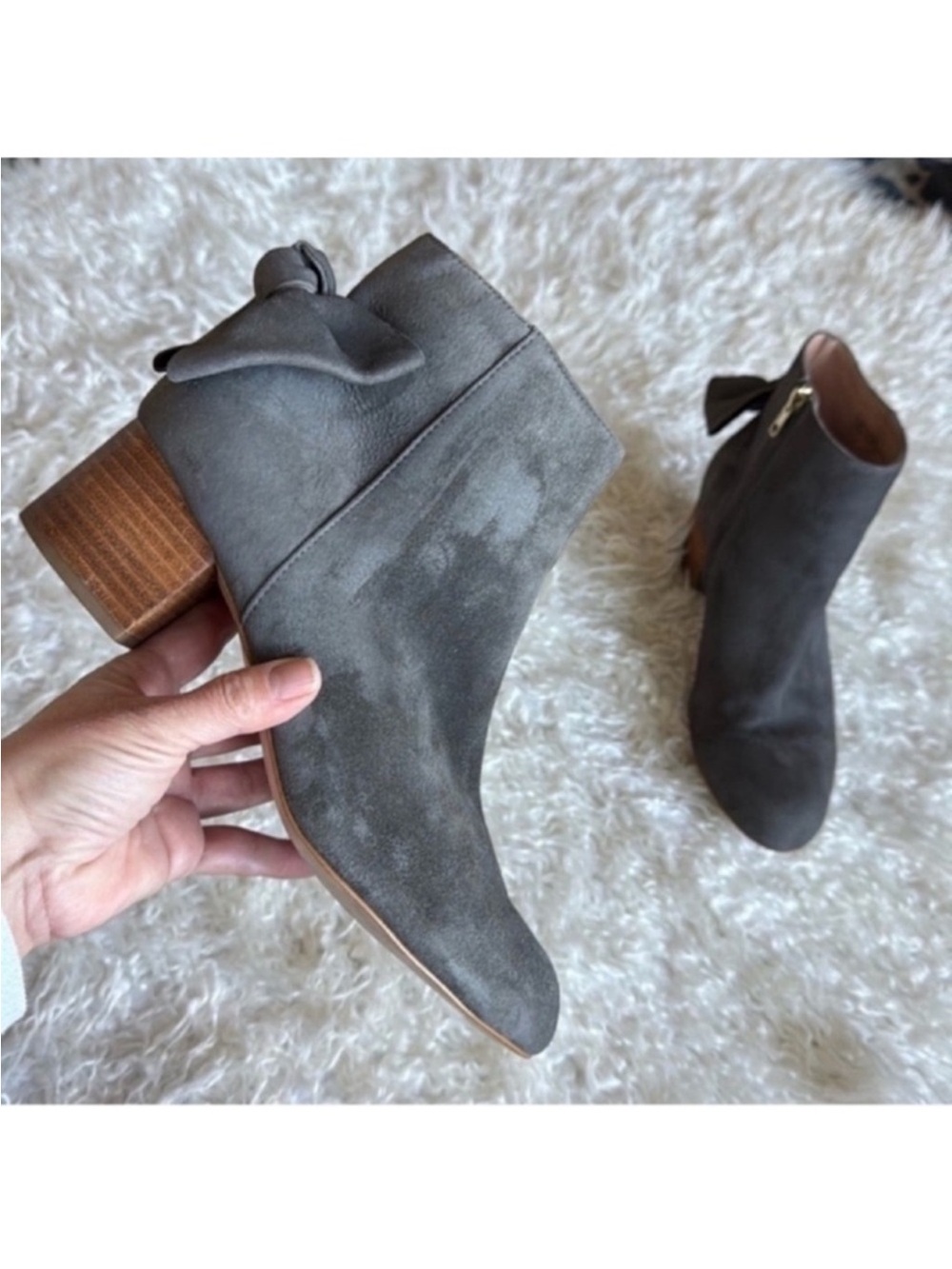 Anthropologie Bow Tied Suede Leather Heeled Ankle Boots/Booties Sz 9 Almond Toe